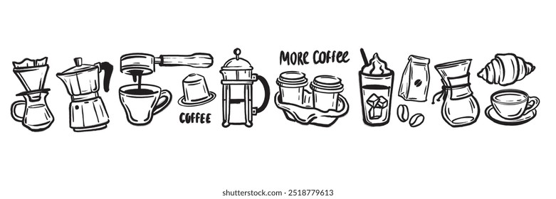 Coffee doodle icon set, ink hand drawn hot beverage vector collection, line cafe sketch banner. Espresso latte cup, cute menu bar drink object kit, mug, pot, arabica package. Coffee doodle breakfast