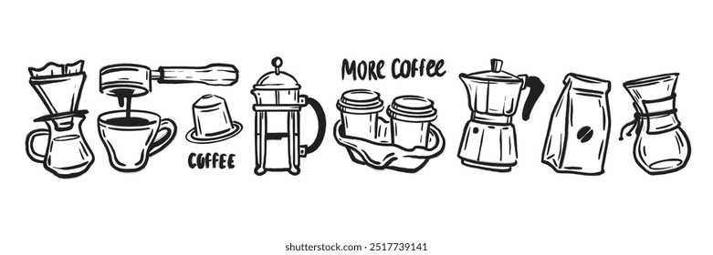 Conjunto de iconos de doodle de café, colección de bebida caliente dibujada a mano de Vector, Anuncio de boceto de café de línea de tinta. Taza del café con leche del espresso, equipo lindo del objeto de la bebida de la barra del menú, taza, olla, paquete de la arábiga. Café doodle desayuno