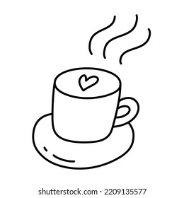 Coffee doodle icon, vector doodle illustration of a cup of hot coffee with milk, isolated outline clipart on white background, breakfast food and drink