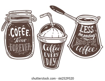 Coffee doodle lettering quotes typographic vector set. Hand drawn black on white coffee, jar, mug cute illustration. For package, ads.