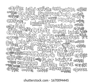 Coffee doodle letters vector illustration graphics white black wallpaper banner background print