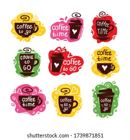 Coffee doodle logo. Restaurant coffee badge, cafe barista menu typography. Vector hand drawn bar set.