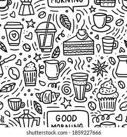 Coffee doodle seamless pattern. Good morning background with beans, cups, mugs and desserts for shop or cafe menu