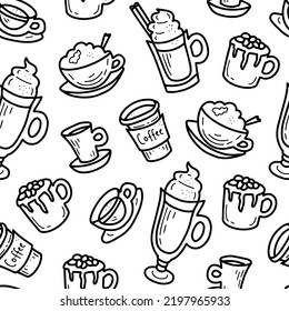 Coffee doodle seamless pattern. Hand drawn seamless background with falling cups of coffee for packaging, textile, wrap, cover, menu. Repeat chocolate drinks sketch vector illustration