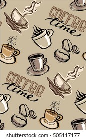 Coffee  doodle seamless pattern - hand drawn illustration. 
Hand drawn coffee set. Vector illustration.