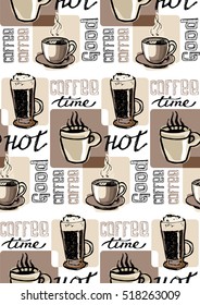 Coffee  doodle seamless pattern - hand drawn illustration. 
Hand drawn coffee set. Vector illustration.