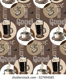 Coffee  doodle seamless pattern - hand drawn illustration. 
Hand drawn coffee set. Vector illustration.