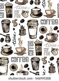 Coffee  doodle seamless pattern - hand drawn illustration. 
Hand drawn coffee set. Vector illustration.