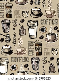 Coffee  doodle seamless pattern - hand drawn illustration. 
Hand drawn coffee set. Vector illustration.