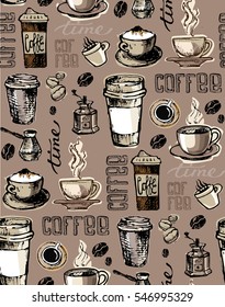 Coffee  doodle seamless pattern - hand drawn illustration. 
Hand drawn coffee set. Vector illustration.