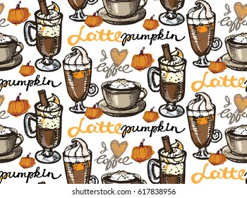 Coffee  doodle seamless pattern - hand drawn illustration. 
Pumpkin latte. Vector illustration.