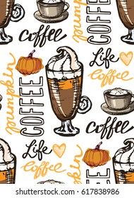 Coffee  doodle seamless pattern - hand drawn illustration. 
Pumpkin latte. Vector illustration.
