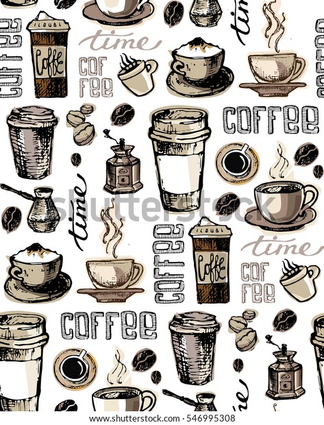 コーヒーの落書きシームレスな柄 手描きのイラスト 手描きのコーヒーセット ベクターイラスト のベクター画像素材 ロイヤリティフリー