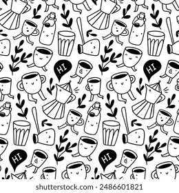 Coffee doodle seamless pattern in line style. Hand-drawn hygge texture with cups and geyser coffee maker. Monochrome funny smile seamless print design for coffee lovers. 