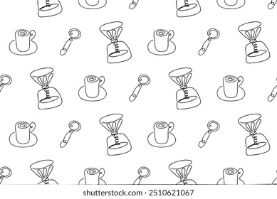 
Coffee doodle seamless pattern in line style. Hand-drawn hygge texture with cups and geyser coffee maker. Monochrome funny smile seamless print design for coffee lovers.
