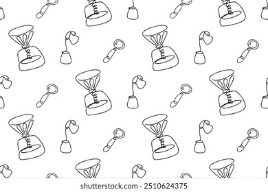 Coffee doodle seamless pattern in line style. Hand-drawn hygge texture with cups and geyser coffee maker. Monochrome funny smile seamless print design for coffee lovers.