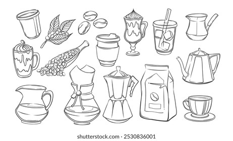 Coffee doodle set, cafe and bar drink menu, kitchen pots line icons. Hand drawn retro kettle and chemex, plastic and glass cups. Coffee break mascot, outline icons collection vector illustration