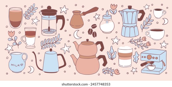 Juego de garabatos. Iconos planos de café, planta, taza y equipo de cocina. diseño de Elementos aislados. Barista, hoja, cosecha de invierno, bebida de leche, café con leche. Boho de otoño, terreno de diversión, tienda, herramientas cafeína. Vector