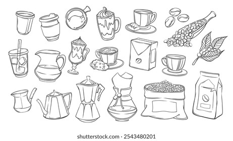 Coffee doodle set, cafe menu line icons. Hand drawn retro cup of hot and cold drink, bag and scoop of beans, pot and sweet dessert. Coffee break mascot, outline icons collection vector illustration