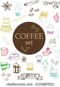 coffee doodle set cups cakes tea cinnamon sugar sweets 
