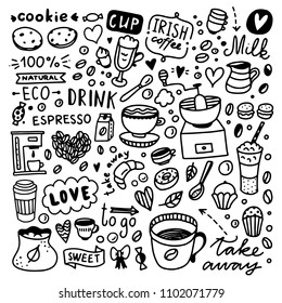 Coffee doodle set. Cute coffee and desserts food illustrations