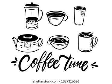 Coffee doodle set. Coffee time phrase calligraphy. Black color vector illustration. Isolated on white background.
