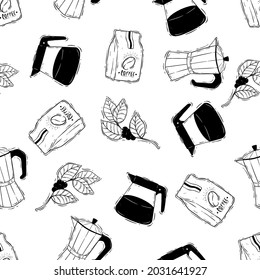 coffee doodle or sketch icons in seamless pattern