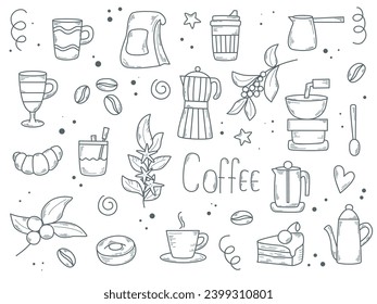 Juego de boceto de doodle de café. Colección dibujada a mano - taza, cafetera, molinadora, hervidor, granos de café, mosto, cruasán, pastel, donut. Tiempo de café con pinzas de clip lindo. Establecer iconos simples de tinta