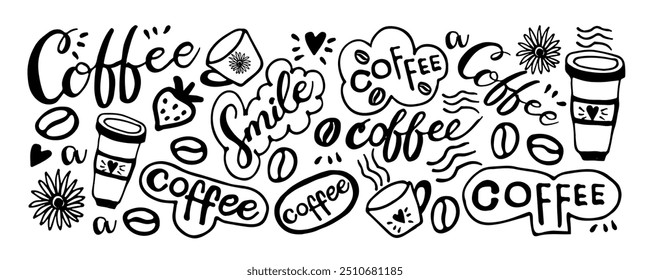 Coffee  doodle style, different hand lettering words with cup and flowers and words coffee . Grunge endless texture. Eat good, feel good. Enjoy your meal. Seamless texture for menu design.