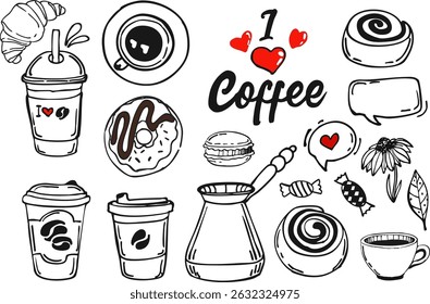 Coffee doodle style, different handwritten words with cup of coffee, croissants, donuts. Hand drawn vector illustration of sweets and drinks. Enjoy your food.