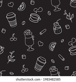 Coffee doodle vector pattern. Black background. Vector illustration.