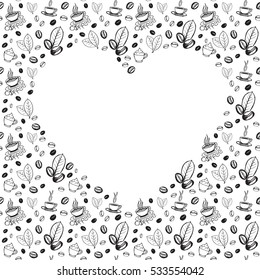 Coffee doodles background with blank heart shape inside. Hand drawn sketchy symbols pattern. Vector eps8 illustration.