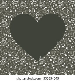 Coffee doodles background with blank heart shape inside. Hand drawn sketchy symbols pattern. Vector eps8 illustration.