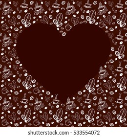 Coffee doodles background with blank heart shape inside. Hand drawn sketchy symbols pattern. Vector eps8 illustration.
