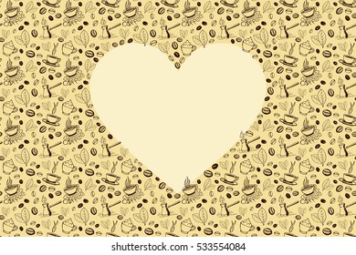 Coffee doodles background with blank heart shape inside. Hand drawn sketchy symbols pattern. Vector eps8 illustration.