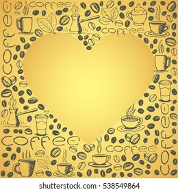 Coffee doodles background with blank heart shape inside. Hand drawn sketchy symbols pattern. Vector eps8 illustration. 