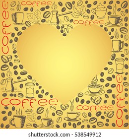 Coffee doodles background with blank heart shape inside. Hand drawn sketchy symbols pattern. Vector eps8 illustration. 