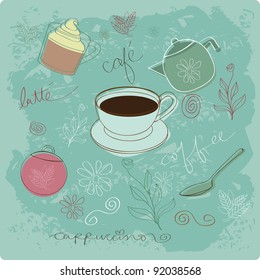 Coffee Doodles Background EPS 8 vector, no open shapes or paths, grouped for easy editing.