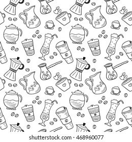 Coffee doodles black and white seamless background