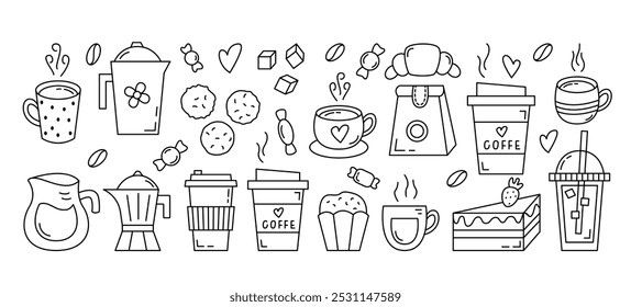 Coffee Doodles Collection. Breakfast Bakery, Tea, Sweets Editable Strokes Set. Black and White Contour Drawings.