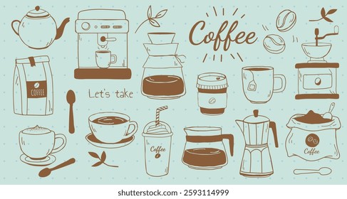 Coffee doodles with cups, beans, and a coffee maker. Coffee lovers will enjoy these coffee-themed illustrations, perfect for coffee enthusiasts. Doodle illustrations, vector set.