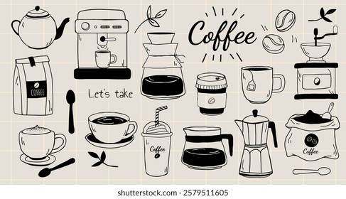 Coffee doodles with cups, beans, and pots. Coffee machines and mugs. Coffee-themed sketches, including beans and cups, fill the design. Aesthetic cafe illustrations, isolated vector set.