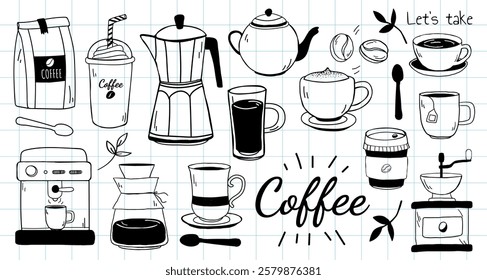 Coffee doodles: cups, beans, and pots. Coffee art with cups, beans, and pots. Enjoy coffee with these fun cups, beans, and pots sketches. Doodle illustrations, vector set.