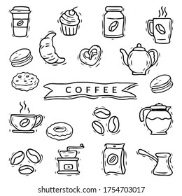 Coffee doodles, cute sketching illustration, trendy and lovely hand drawn style isolated on white backgroun