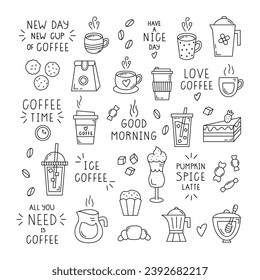 Coffee Doodles Editable Stroke. Outline Tea, Hot Beverage Hand Drawn Sketch. Cup of Coffee Line Art with Cute Lettering.