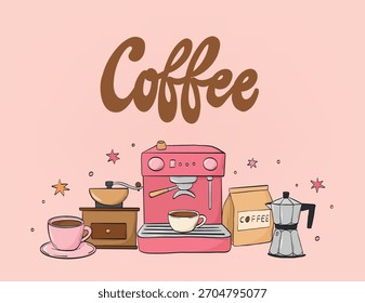 Garabatos de café de máquina de café espresso, molinillo, taza de café, moka pot composición decorada con letras cita para Anuncios, impresiones, tarjetas. EPS 10