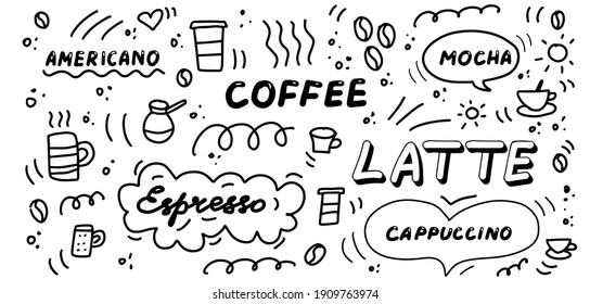 Juego de iconos de los doodles de café. Iconos de dibujos a mano y colección de letras. Cappuccino, americano, latte, mocha. El concepto de desayuno y desayuno Ilustración vectorial.