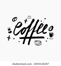 Conjunto de iconos de garabatos de café. Líneas dibujadas a mano iconos de dibujos animados y letras de café. El concepto de mañana y desayuno.