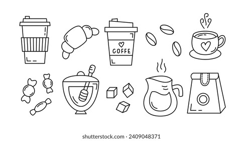 Coffee Doodles Icon Set. Line Art Hot Beverage Hand Drawn Design Element Collection. Morning Breakfast, Croissant, Sugar, Honey, Tea, Coffee Pot Illustration.