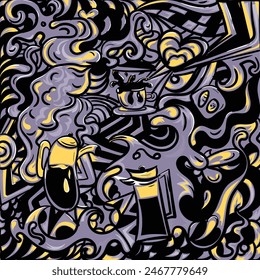 Coffee doodles illustration on grey and yellow color